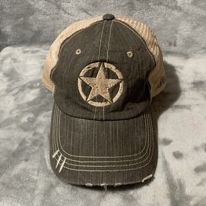 Jeep Distressed Star Trucker Hat Cap Gray Tan Mesh Adjustable Outdoor Military